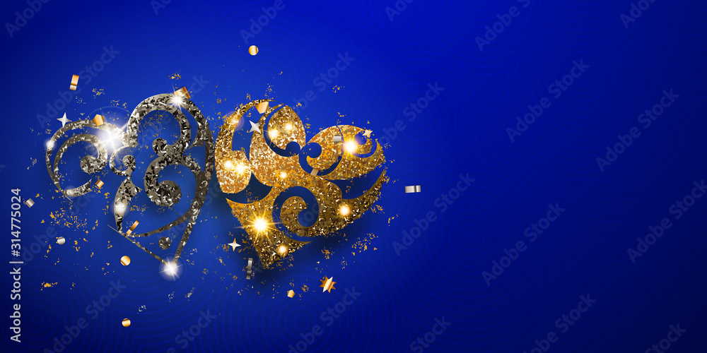 Valentine's day card with two shiny hearts of silver and golden sparkles with glares and shadows on blue background