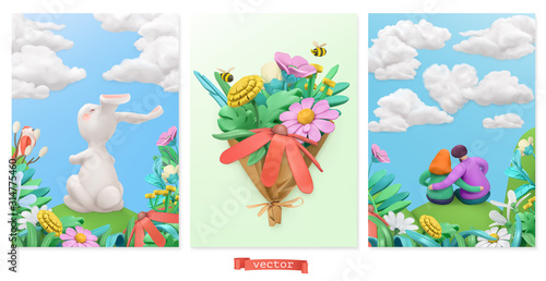 Easter bunny, bouquet of wildflowers, couple in love. Spring stories plasticine art. 3d vector greeting card set