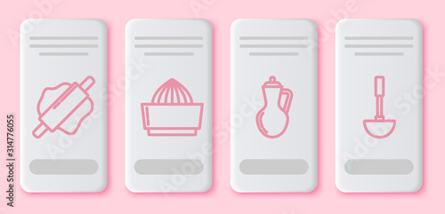 Set line Rolling pin , Citrus fruit juicer , Bottle of olive oil and Kitchen ladle . White rectangle button. Vector