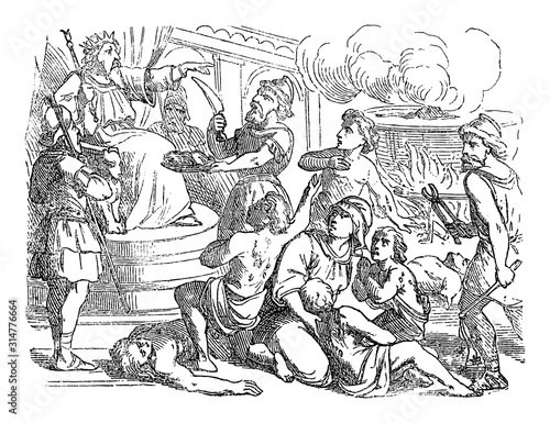 Vintage drawing or engraving of biblical story of mother and her seven sons dying when refusing to eat pork. Bible, Old Testament, 2 Maccabees 7. Biblische Geschichte , Germany 1859.