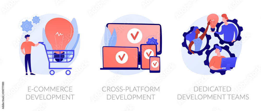 Fototapeta premium Adaptive programming icons set. Multi device development, software engineering. Responsive web design, graphic design, web application design metaphors. Vector isolated concept metaphor illustrations
