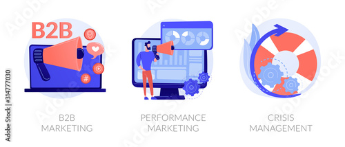 Advertising business icons set. Investment efficiency monitoring, problem solution. B2B marketing, performance marketing, crisis management metaphors. Vector isolated concept metaphor illustrations