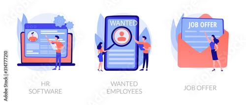 Recruitment agency icons set. Human resources management, personnel hiring, employment contract. HR software, wanted employees, job offer metaphors. Vector isolated concept metaphor illustrations