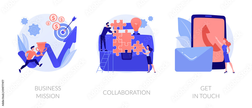 Company development direction, team building exercise, corporate communication icons set. Business mission, collaboration, get in touch metaphors. Vector isolated concept metaphor illustrations - obrazy, fototapety, plakaty 