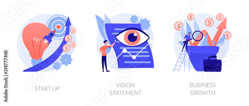 Successful project launch, corporate strategy presentation, financial development icons set. Startup, vision statement, business growth metaphors. Vector isolated concept metaphor illustrations