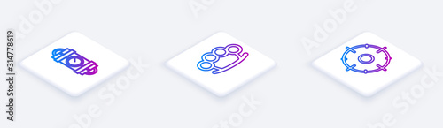 Set Isometric line Detonate dynamite bomb stick and timer clock, Brass knuckles and Target sport for shooting competition . White square button. Vector