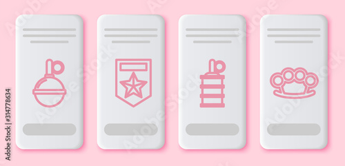 Set line Hand grenade , Chevron , Hand grenade and Brass knuckles . White rectangle button. Vector