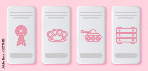 Set line Radar , Brass knuckles , Military tank and Military ammunition box. White rectangle button. Vector