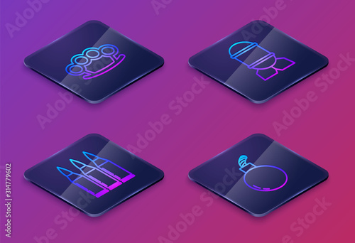 Set Isometric line Brass knuckles , Bullet , Aviation bomb and Bomb ready to explode . Blue square button. Vector