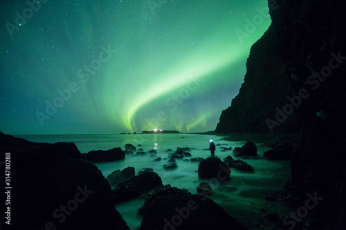 Aurora Borealis (Northern Lights) above Reynisfjara Beach