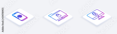 Set Isometric line Smartphone with fingerprint scanner , FTP folder and lock and Lock on computer monitor screen. White square button. Vector
