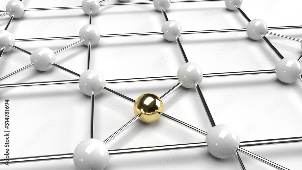 The Abstract design connection design gold and white sphere network structure 3d rendering. The Abstract design connection design gold and white sphere network structure 3d rendering.