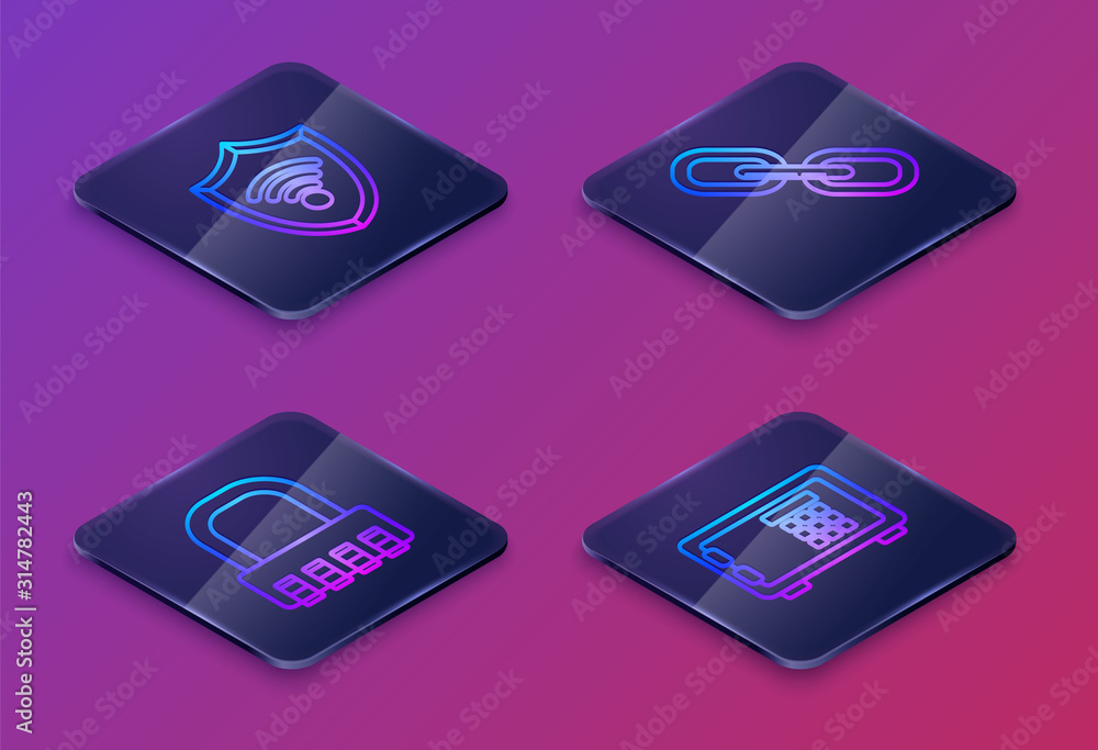 Set Isometric line Shield with WiFi wireless internet network, Safe  combination lock , Chain link and Safe . Blue square button. Vector Stock  ベクター | Adobe Stock