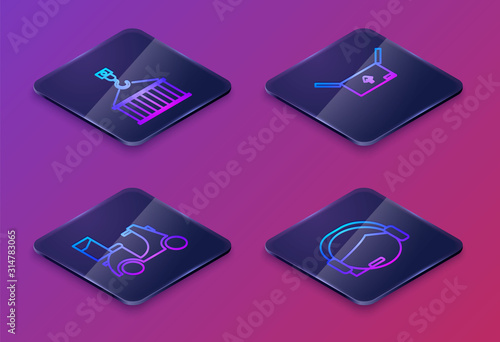 Set Isometric line Container on crane, Scooter delivery , Cardboard box with traffic symbol and Support operator in touch. Blue square button. Vector
