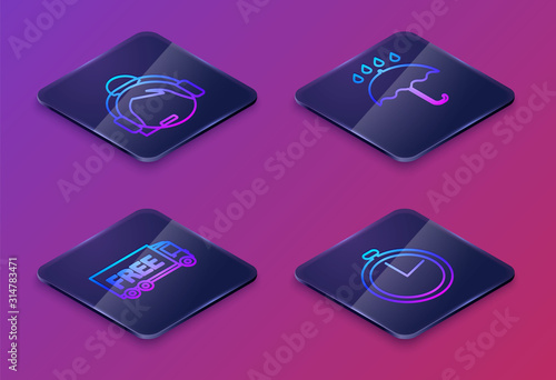Set Isometric line Support operator in touch, Free delivery service , Umbrella and rain drops and Stopwatch . Blue square button. Vector