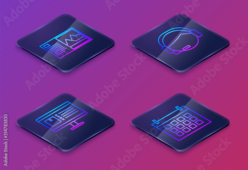 Set Isometric line Postcard , Computer monitor with app delivery tracking , Support operator in touch and Calendar . Blue square button. Vector