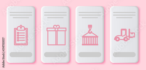 Set line Verification of delivery list clipboard , Gift box , Container on crane and Forklift truck . White rectangle button. Vector