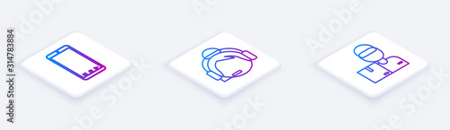 Set Isometric line Mobile phone with app delivery tracking, Support operator in touch and Delivery man with cardboard boxes . White square button. Vector