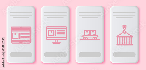 Set line Laptop with app delivery tracking , Computer monitor with app delivery tracking , Railway carriage and Container on crane. White rectangle button. Vector