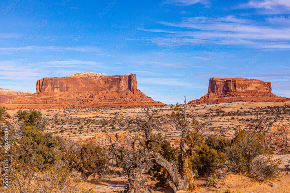 View on typical rock formations in Conyonlands National Park in Utah in winter