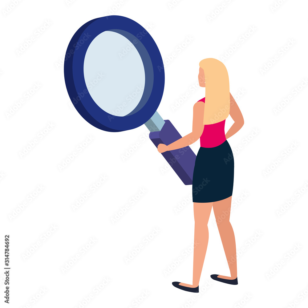 back beautiful woman with magnifying glass isolated icon back beautiful woman with magnifying glass isolated icon