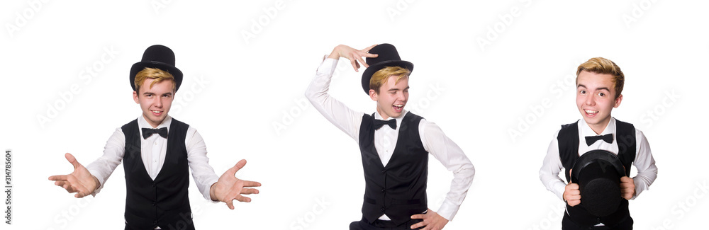 Young man in black classic vest and hat isolated on white Young man in black classic vest and hat isolated on white