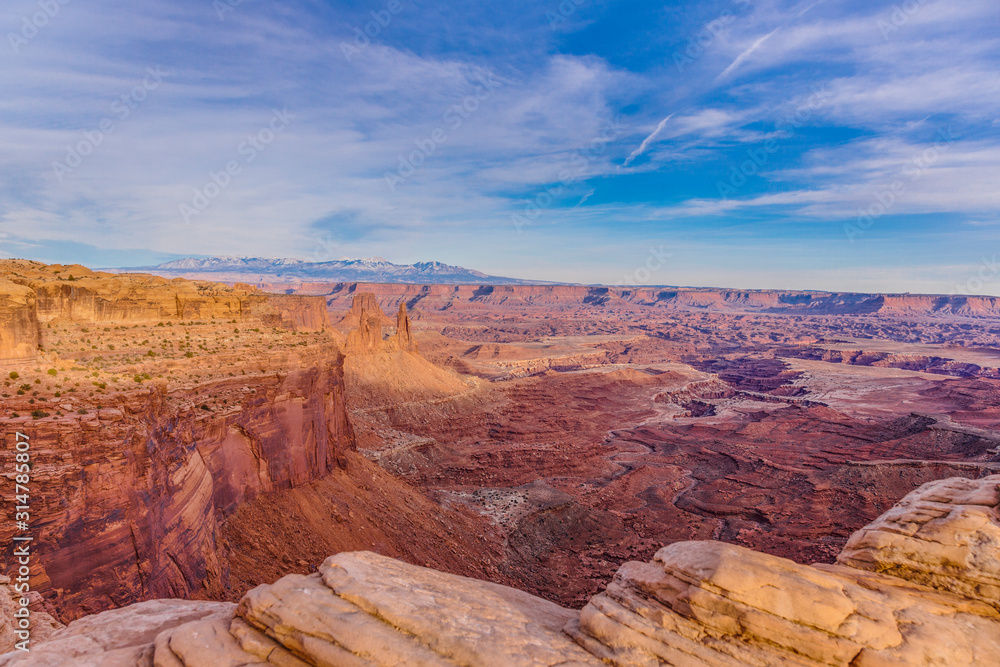 View on typical rock formations in Conyonlands National Park in Utah in winter