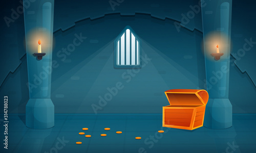 nterior of an empty treasury in an old castle with an empty chest and several coins on the floor, vector illustration