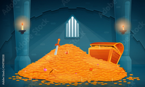 interior of the treasury in an old castle full of gold and jewels, vector illustration