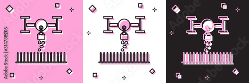 Set Smart farm with drone control for seed planting icon isolated on pink and white, black background. Innovation technology for agricultural company. Vector Illustration