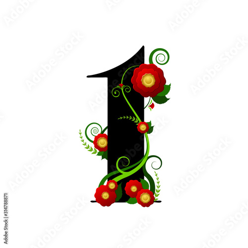 Chiffre floral numéro 1 (un) décoré d’une plante grimpante à fleur rouge.