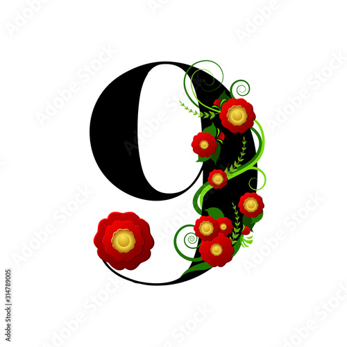 Chiffre floral numéro 9 (neuf) décoré d’une plante grimpante à fleur rouge.