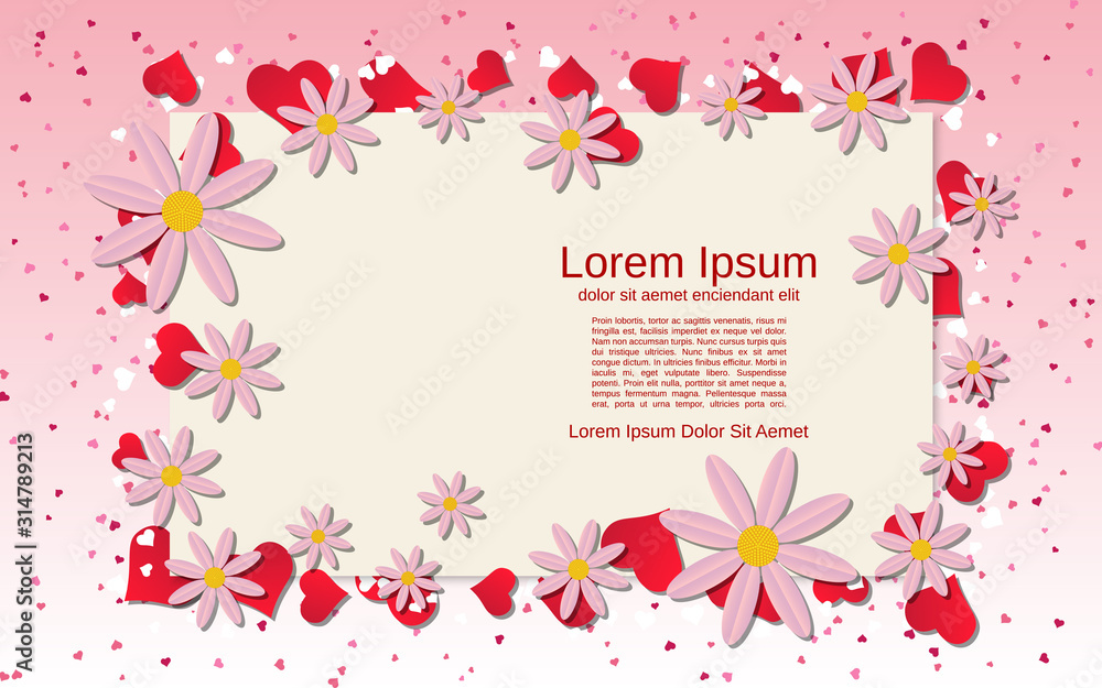 Valentine's Day vector background with hearts, flowers and frame