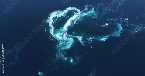4K Saltstraumen current tide vortex. Bird's eye view drone footage
