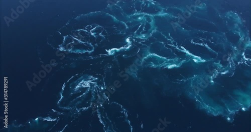 4K Saltstraumen current tide vortex. Bird's eye view drone footage