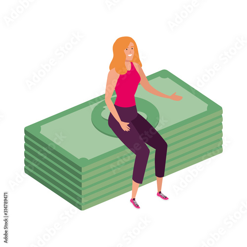 beautiful woman sitting in stack bills finance