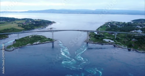 4K Saltstraumen current tide vortex. Bird's eye view drone footage