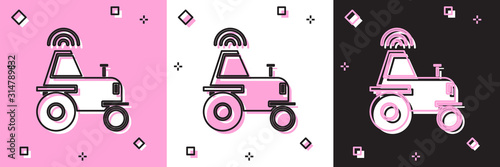 Set Self driving wireless tractor on a smart farm icon isolated on pink and white, black background. Smart agriculture implement element. Vector Illustration