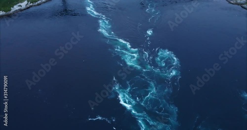 4K Saltstraumen current tide vortex. Bird's eye view drone footage