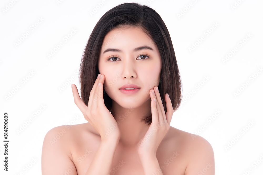 Portrait beautiful young asian woman clean fresh bare skin concept. Asian girl beauty face skincare and health wellness, Facial treatment, Perfect skin, Natural make up, on white background Portrait beautiful young asian woman clean fresh bare skin concept. Asian girl beauty face skincare and health wellness, Facial treatment, Perfect skin, Natural make up, on white background