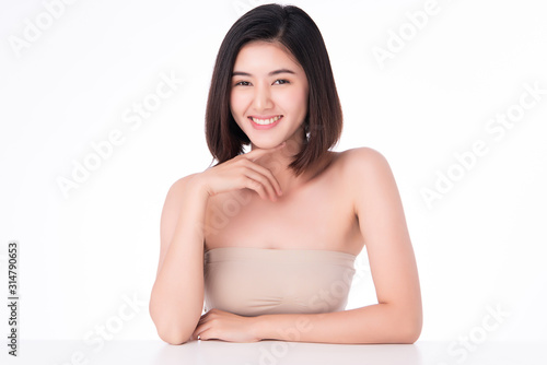 Portrait beautiful young asian woman clean fresh bare skin concept. Asian girl beauty face skincare and health wellness, Facial treatment, Perfect skin, Natural make up, on white background