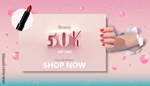 Sale ads with a hand holding products