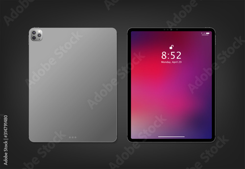 Realistic new tablet computer mockup design with abstract colored geometric wallpaper. Modern tablet PC isolated on dark grey background. Vector Illustration