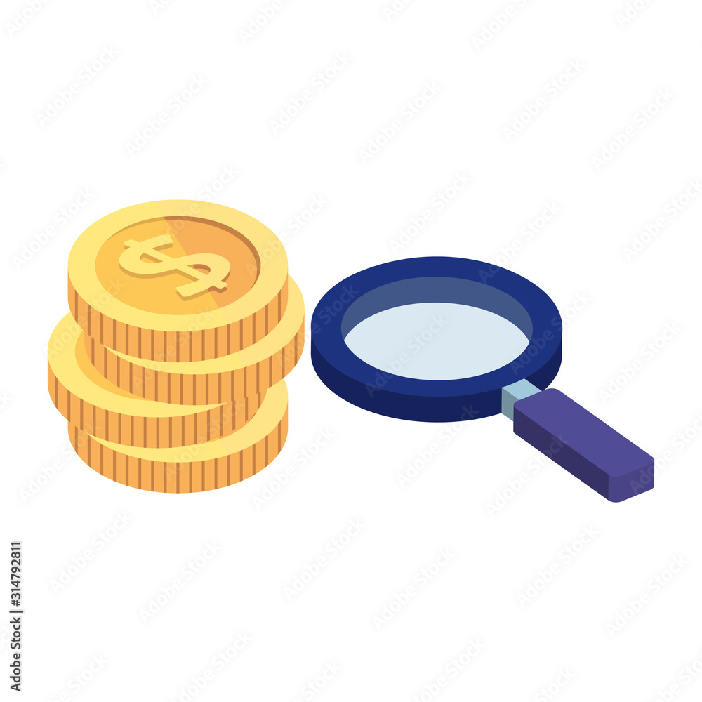 pile of coins with magnifying glass isolated icon pile of coins with magnifying glass isolated icon