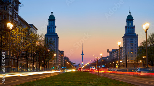 The Frankfurt Gate, inner-city Friedrichshain district of Berlin, with view of the tv tower, blue hour, dusk