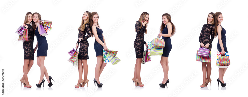 Fototapeta premium Best friends afte shopping on white