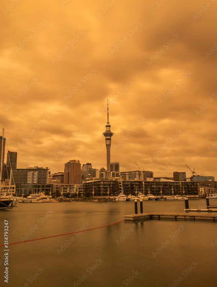 Orange cloudy skies over Auckland City