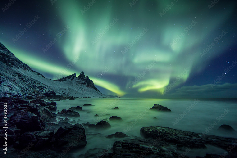 Aurora Borealis (Northern Lights) above Stokksnes Beach and Vestrahorn