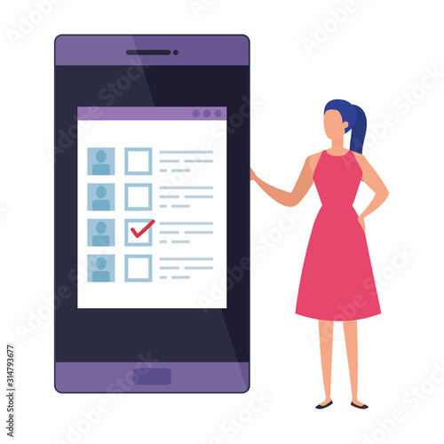 business woman with smartphone for vote online vector illustration design