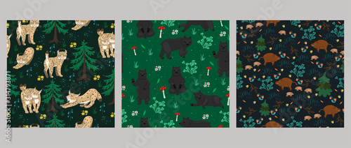 Set of seamless patterns with animals in the forest. Vector graphics.